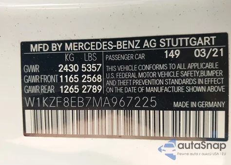 2021 Mercedes-Benz E 350 4Matic z USA, uszkodzony, nr VIN W1KZF8EB7MA967225